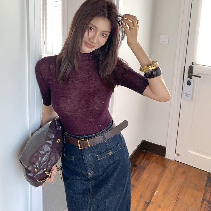 微閃亮片立領合身針織上衣-S-M / 5色 (Elegant & Love)