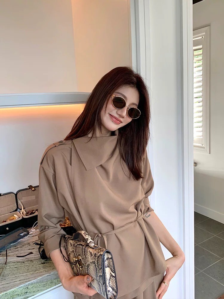 摩卡棕多穿法附腰帶罩衫上衣+長褲SETS-XL (Elegant & Love)