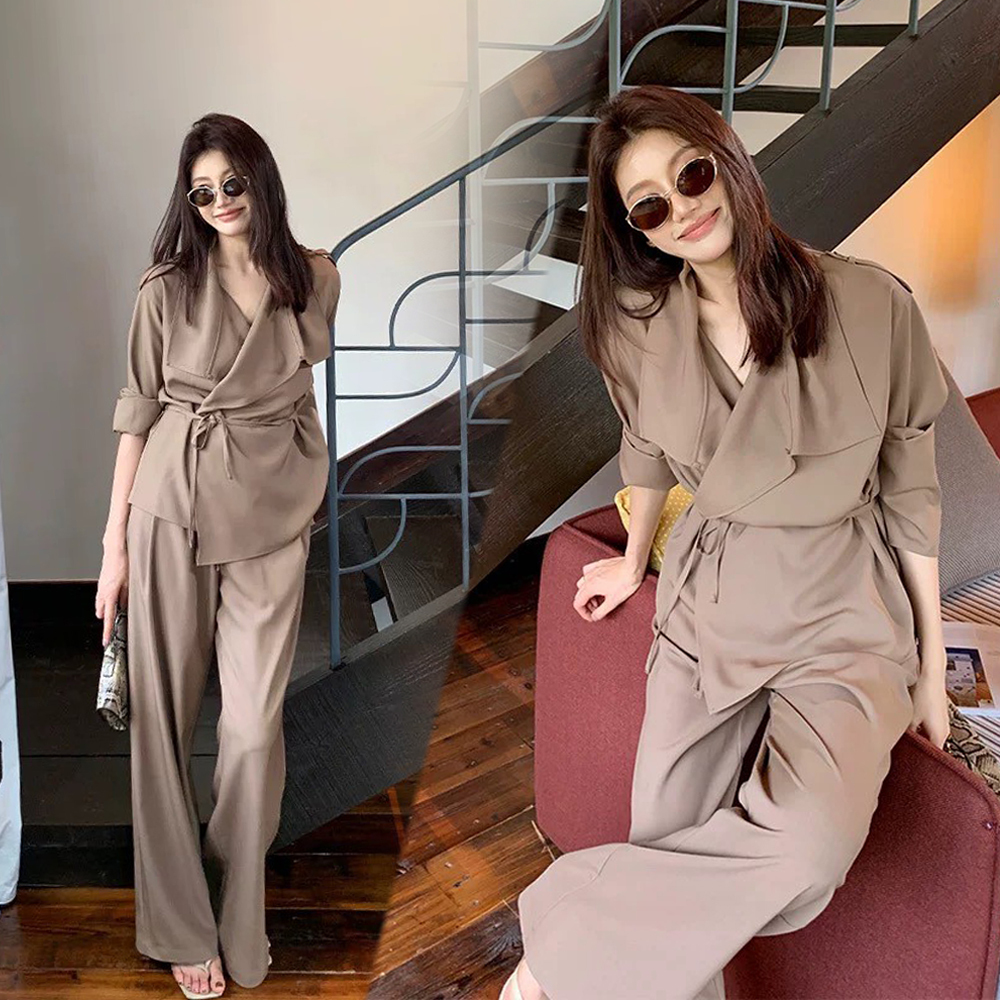 摩卡棕多穿法附腰帶罩衫上衣+長褲SETS-XL (Elegant & Love)