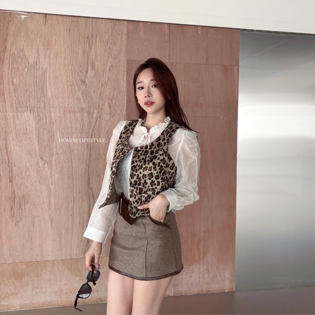 (售完)【豹紋馬甲兩件套】DOMISS秋冬層次感! 質感拼接馬甲襯衫兩件套