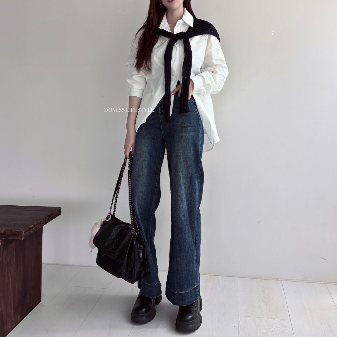 【氛圍感牛仔褲】DOMISS簡約闊腿微喇叭牛仔寬褲 牛仔 長褲 寬鬆長褲 寬褲(現貨)