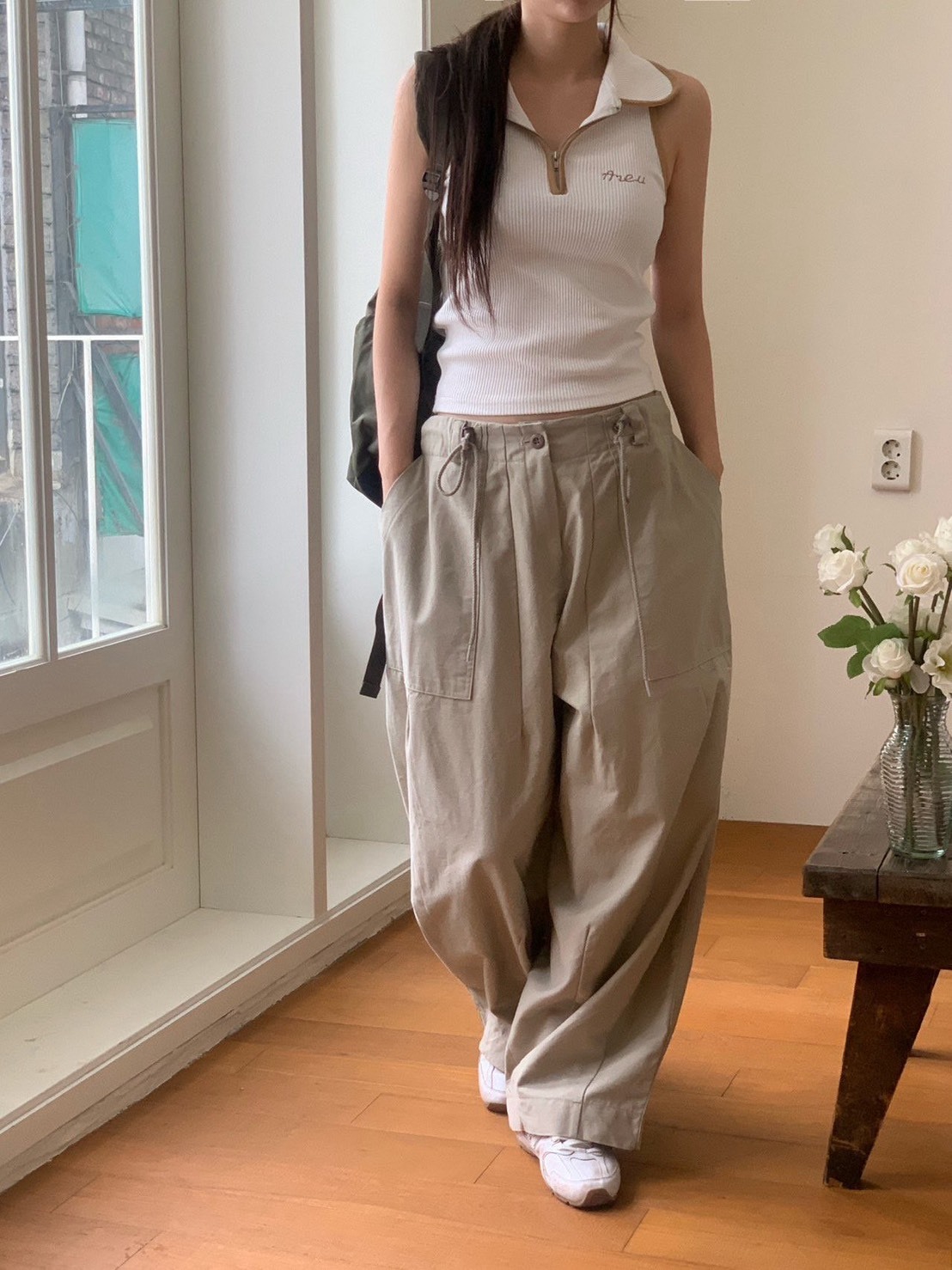 麻繩後調節休閒垮褲