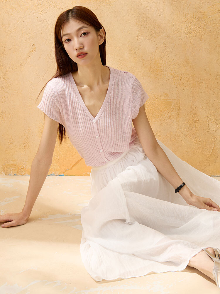 SALE500 顯瘦V領開釦竹節麻短袖上衣