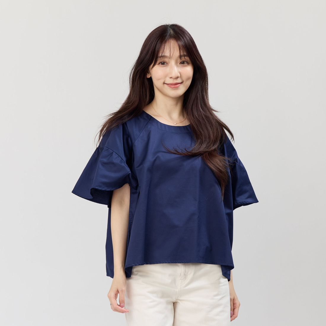 Ashley天絲棉圓領細褶連袖上衣/丈青