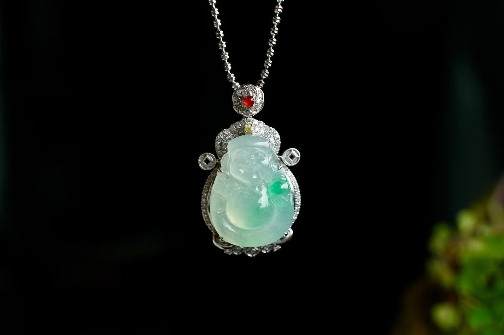 翡翠冰飄花財神吊墜,天然翡翠A玉, 緬甸玉, Jade, Jadeite