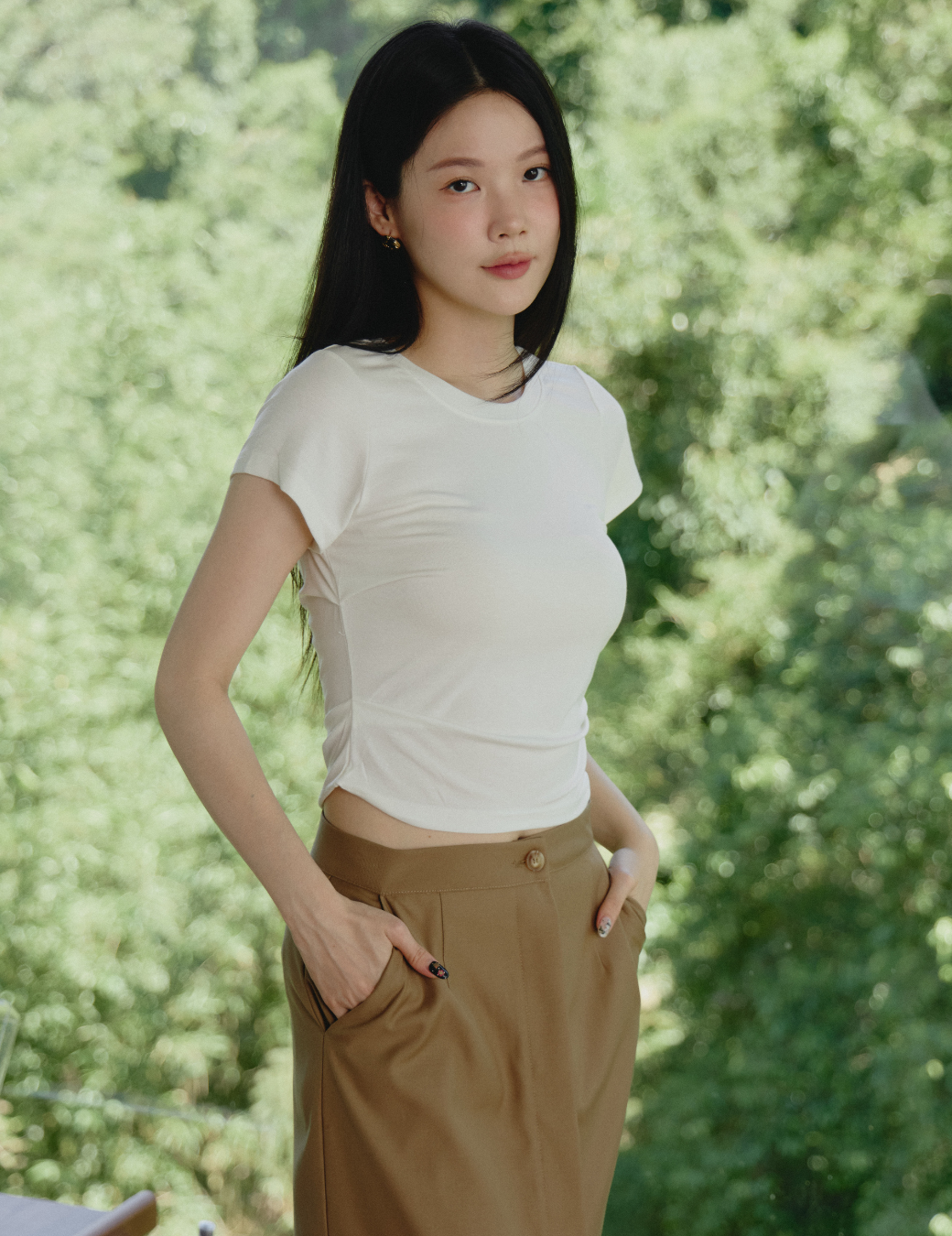 抓皺軟料彈性圓領上衣（白色/3尺寸）