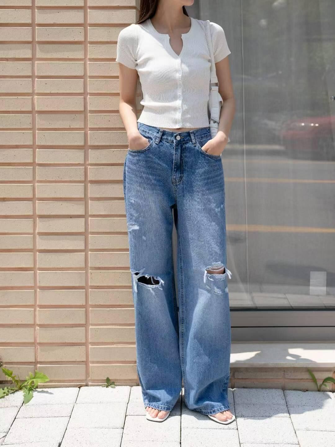 AA18橡筋腰破筒牛仔褲