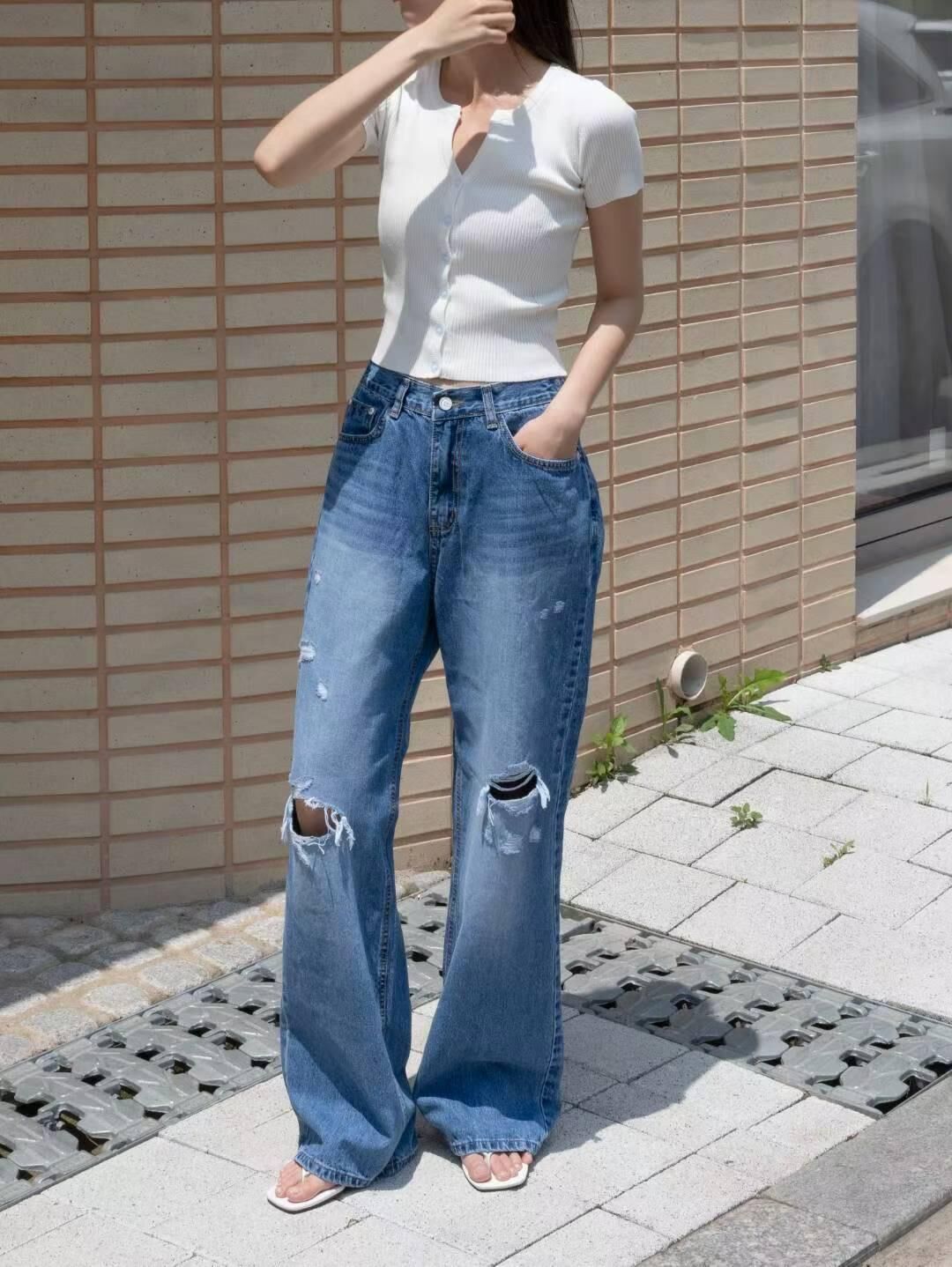 AA18橡筋腰破筒牛仔褲