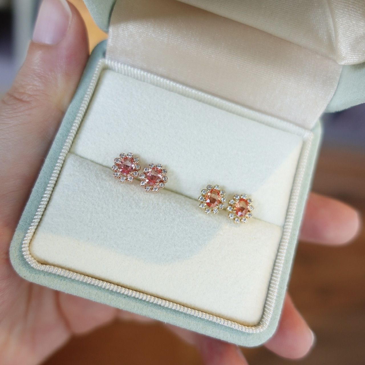 18K金Padparadscha鑽石復古耳釘 - 日落色