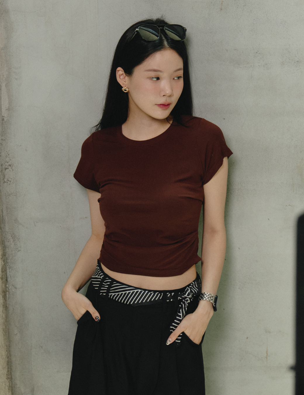 抓皺軟料彈性圓領上衣（深可可/3尺寸）