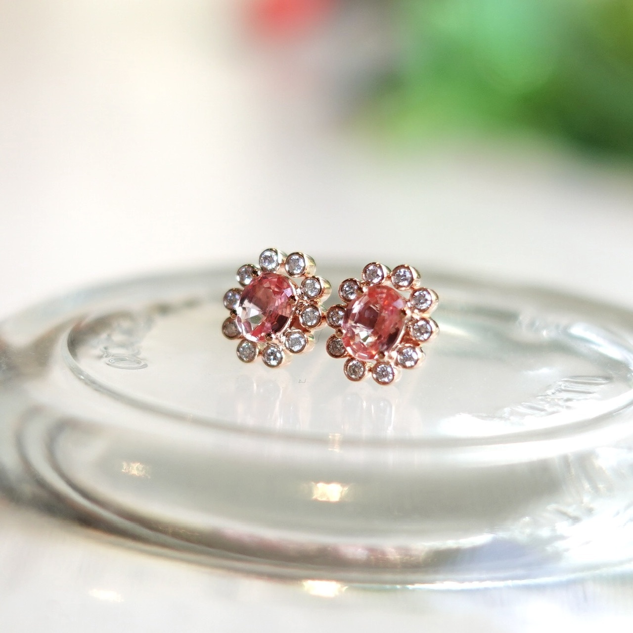 18K金Padparadscha鑽石復古耳釘 - 日落色