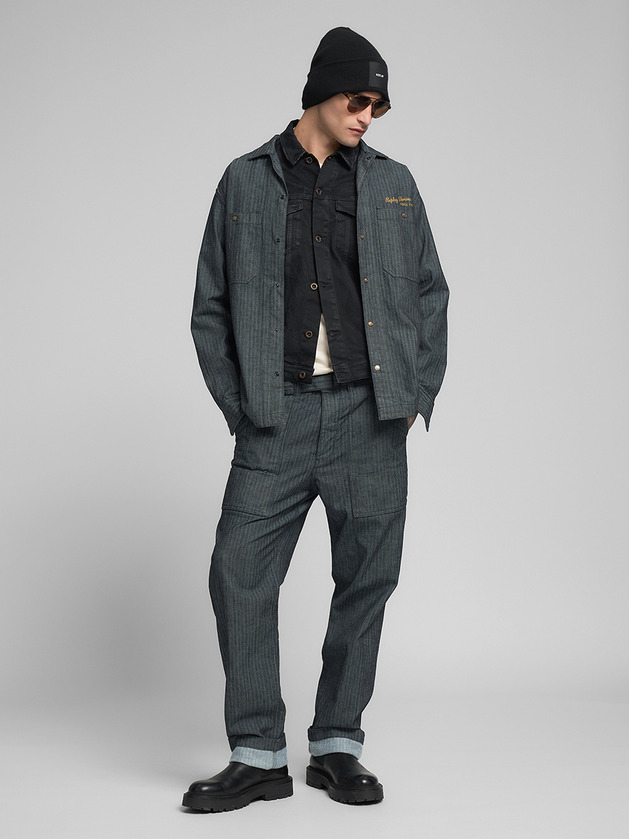 附腰帶中直筒丹寧牛仔褲