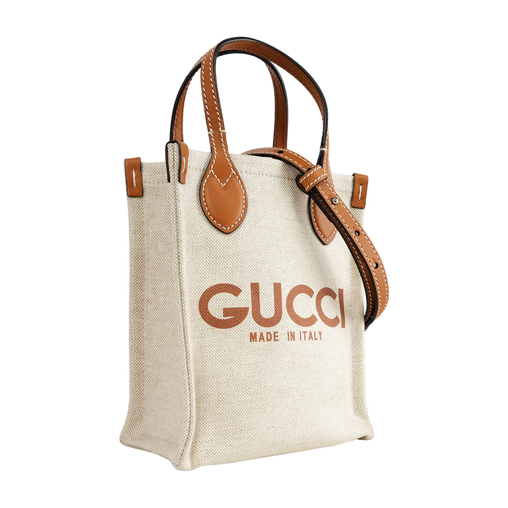 【GUCCI】Logo 標誌帆布小款二用琴譜包(米色/棕色)