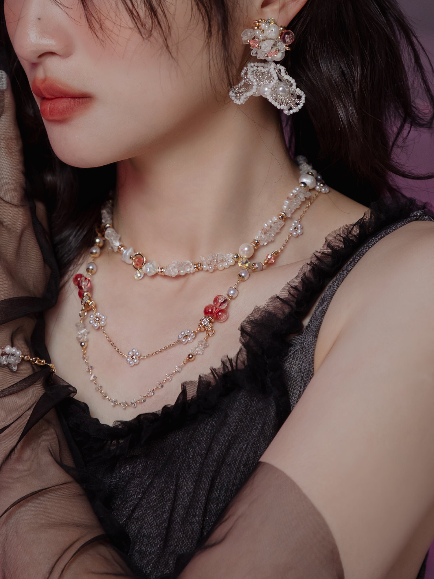 緋紅篇章。MUCHAT手作14KGP施華洛氣泡珠花項鍊