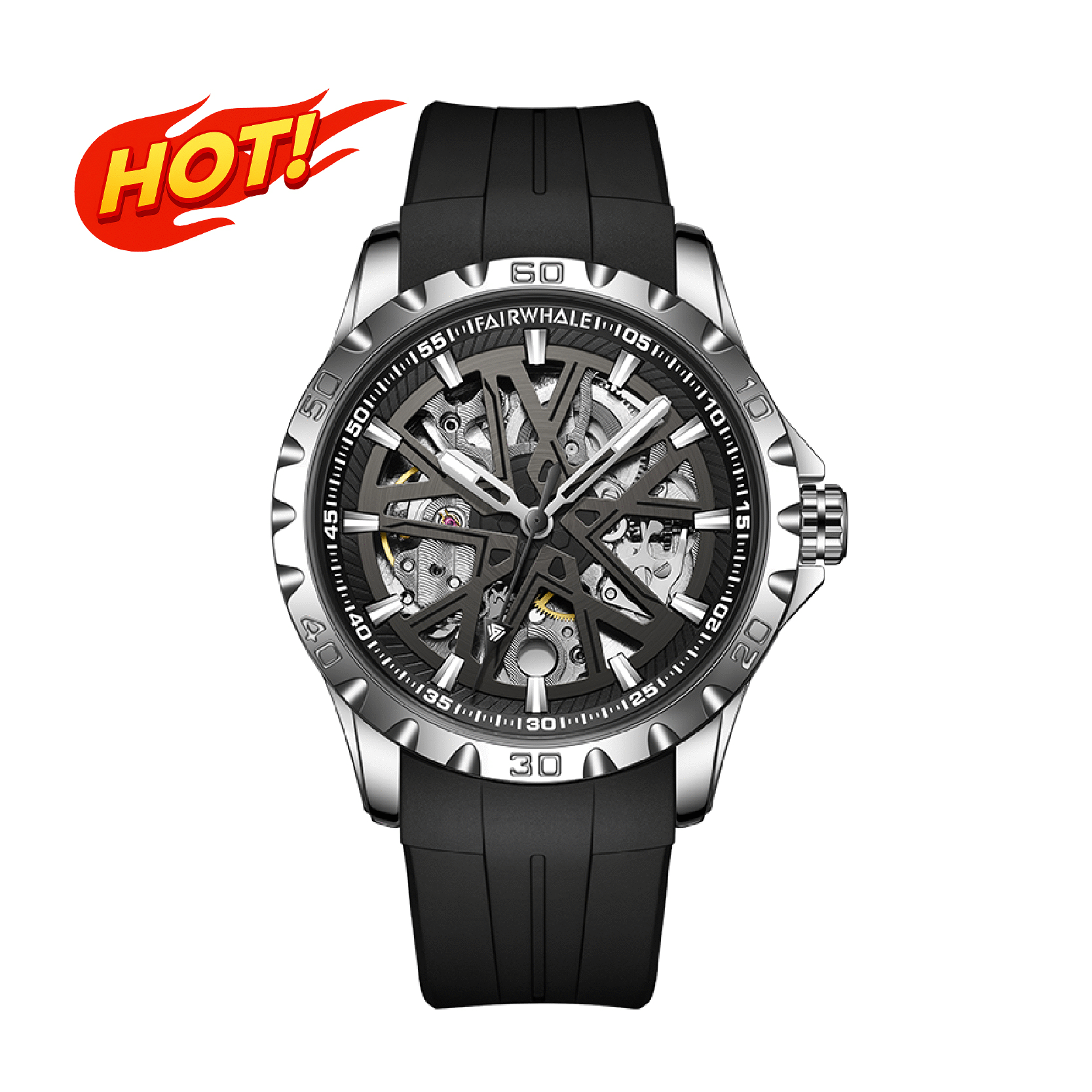 【Mark fairwhale 馬克菲爾】 FW-6580-P 雙面鏤空 幾何流線 科幻宇宙 青春張揚 夜光 紳士 男士 矽膠 機械 手錶 -*