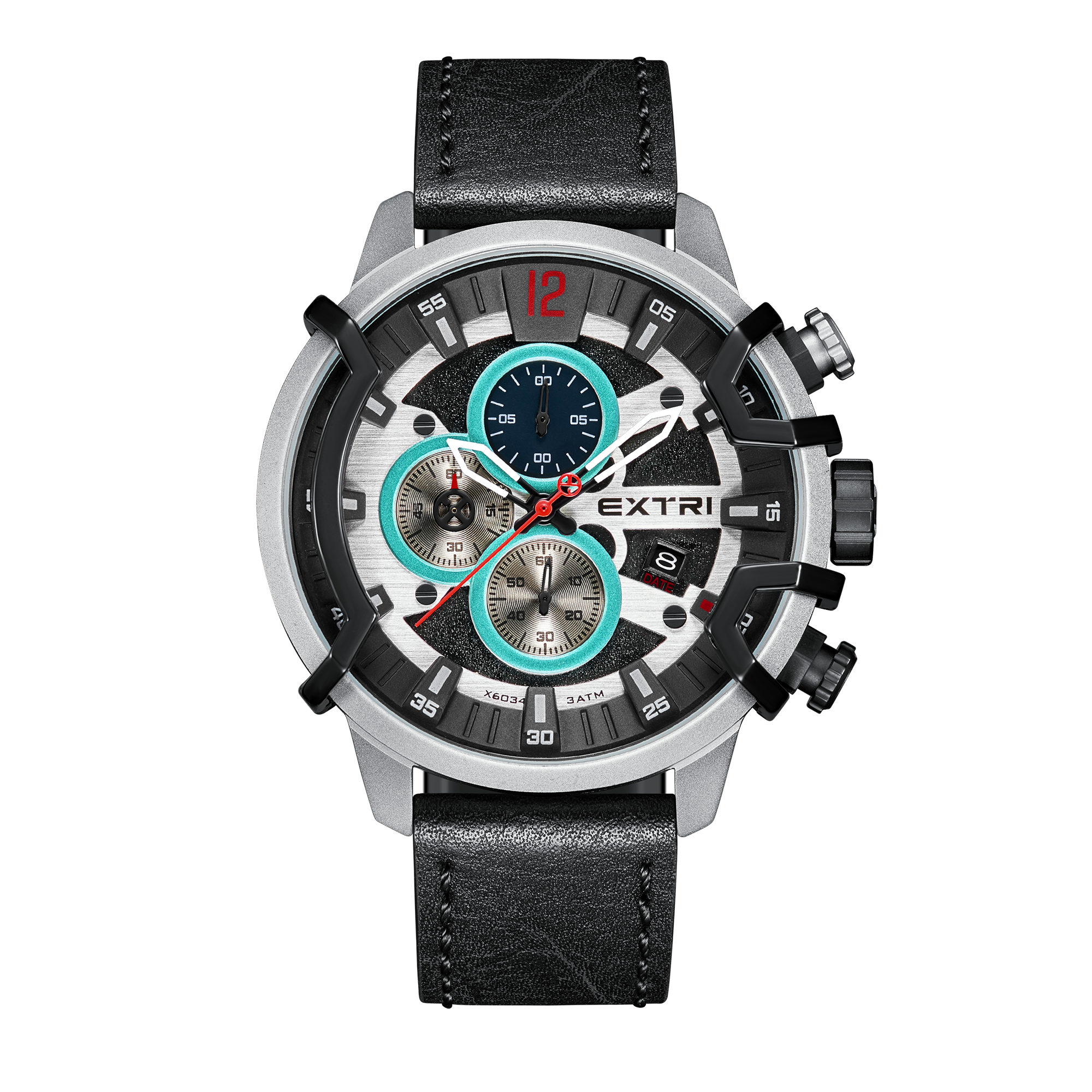 【EXTRI】 X6034 經典 圓形 日期顯示 三眼 皮革 男士 手錶