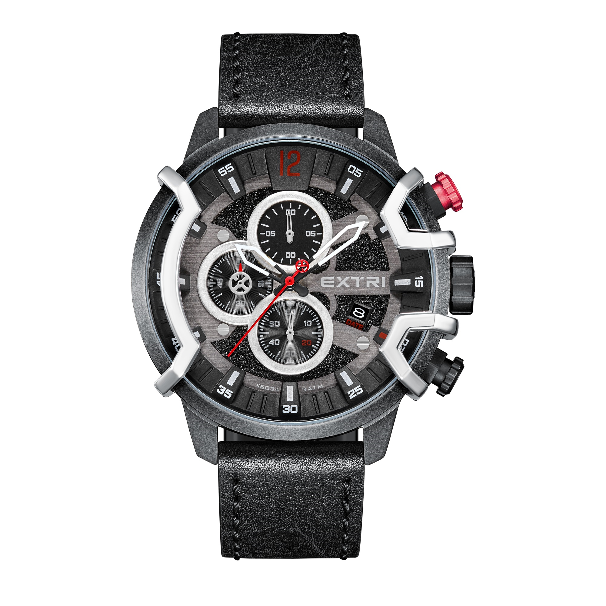【EXTRI】 X6034 經典 圓形 日期顯示 三眼 皮革 男士 手錶