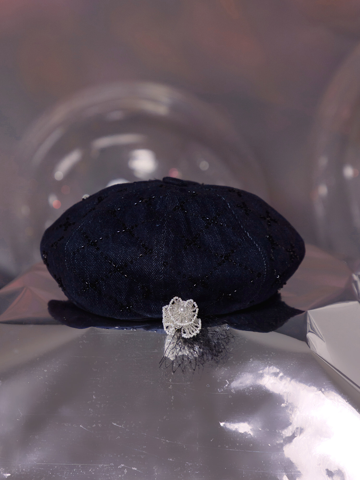 迷宮打結。MUCHAT手作珠花網紗牛仔貝蕾帽 (含網紗別針)