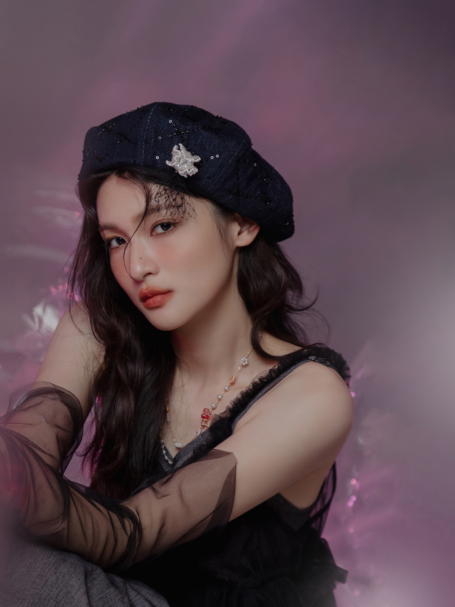 迷宮打結。MUCHAT手作珠花網紗牛仔貝蕾帽 (含網紗別針)