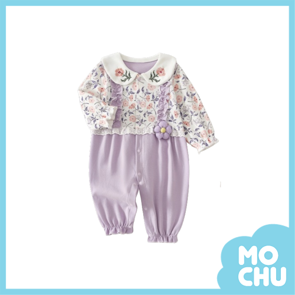 田園紫花朵長袖連身衣