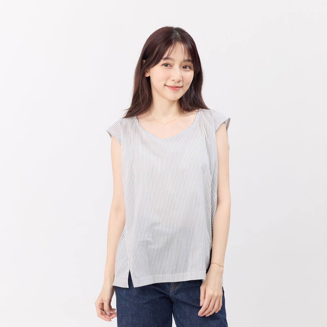 Dolly無袖純色夏日棉質上衣/ 灰白直條