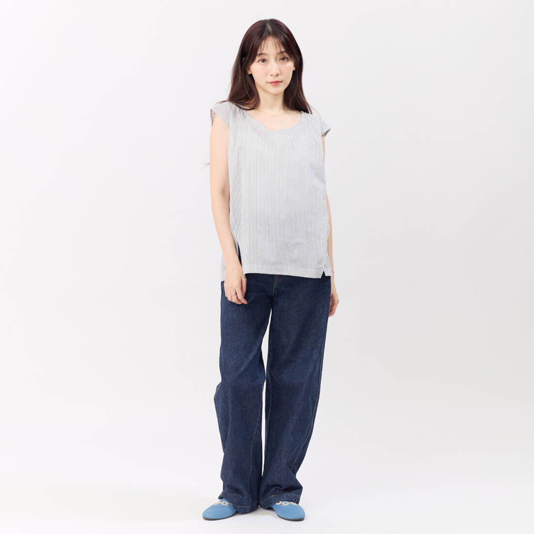 Dolly無袖純色夏日棉質上衣/ 灰白直條