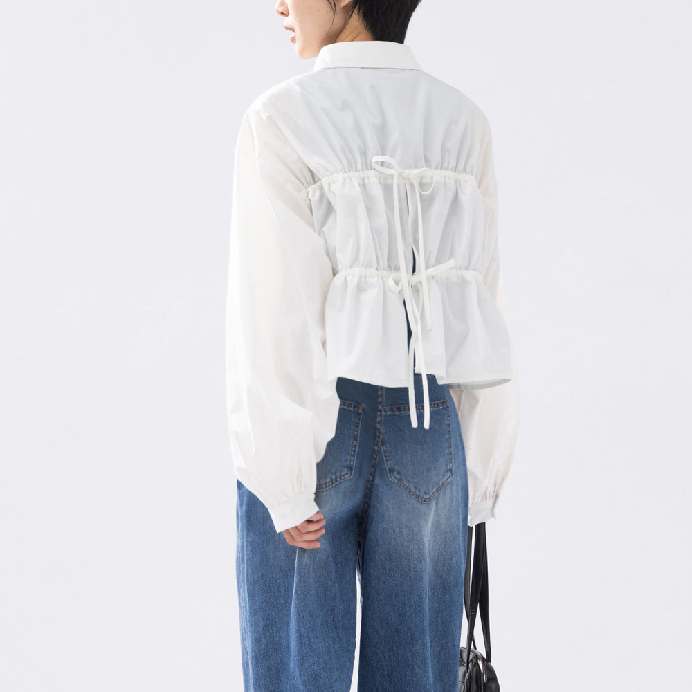 Cropped shirt with back drawstring design available in three colors【01025646】in stock+pre-order