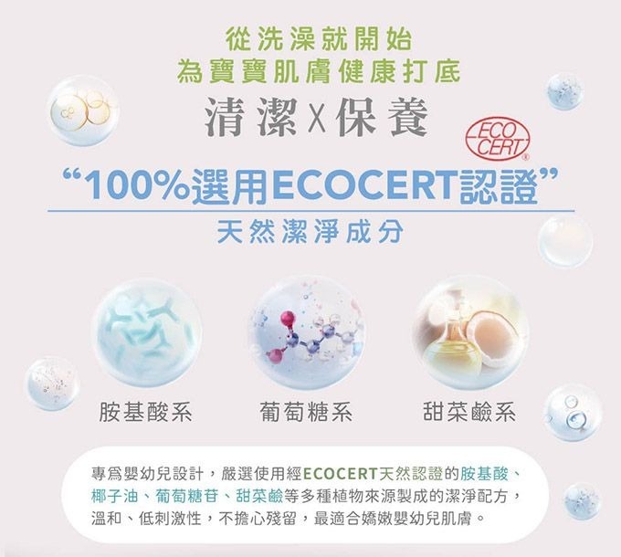 呵護肌膚從清潔開始~採用溫和天然植物潔淨配方,洗後不緊繃乾澀,維持柔嫩水潤。