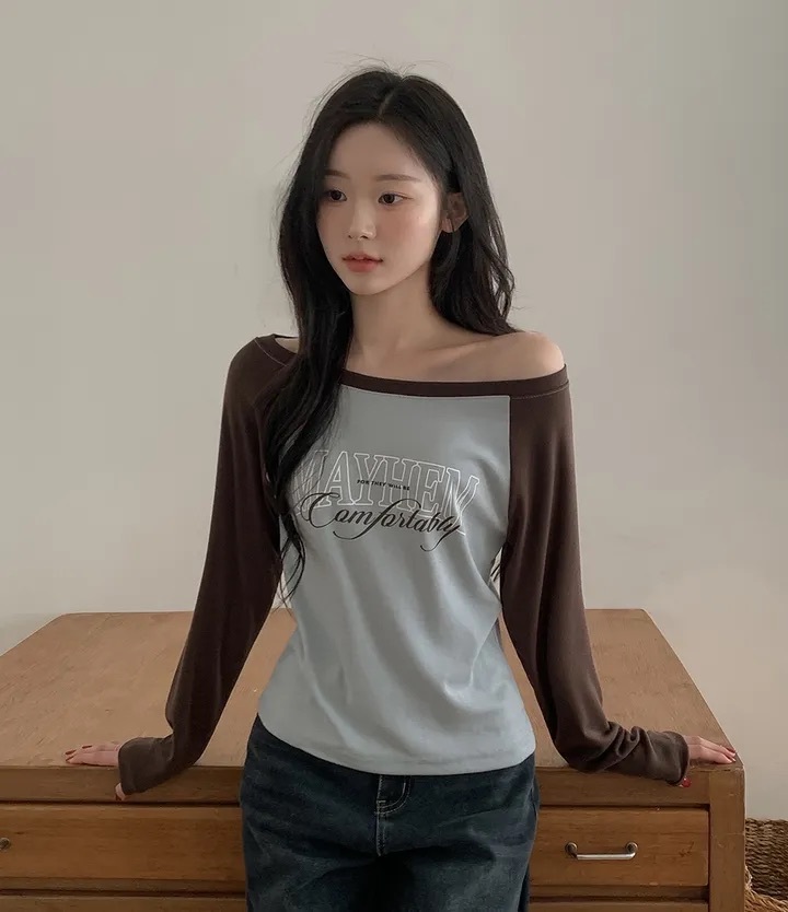【優惠價預訂】韓國拼色LETTER牛角長袖TEE（4色）