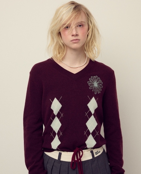 【韓國預購】MARDI KR090209 CASHMERE BLENDED ARGYLE V領長袖冷衫