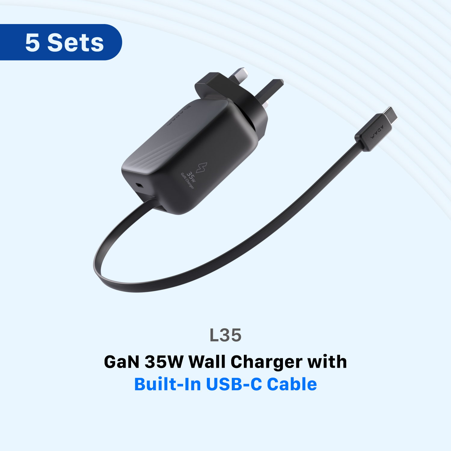 L35 UK GaN 35W Wall Charger with Built-In USB-C Cable (5 Sets)