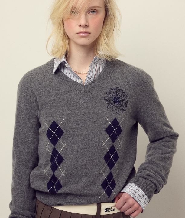 【韓國預購】MARDI KR090209 CASHMERE BLENDED ARGYLE V領長袖冷衫