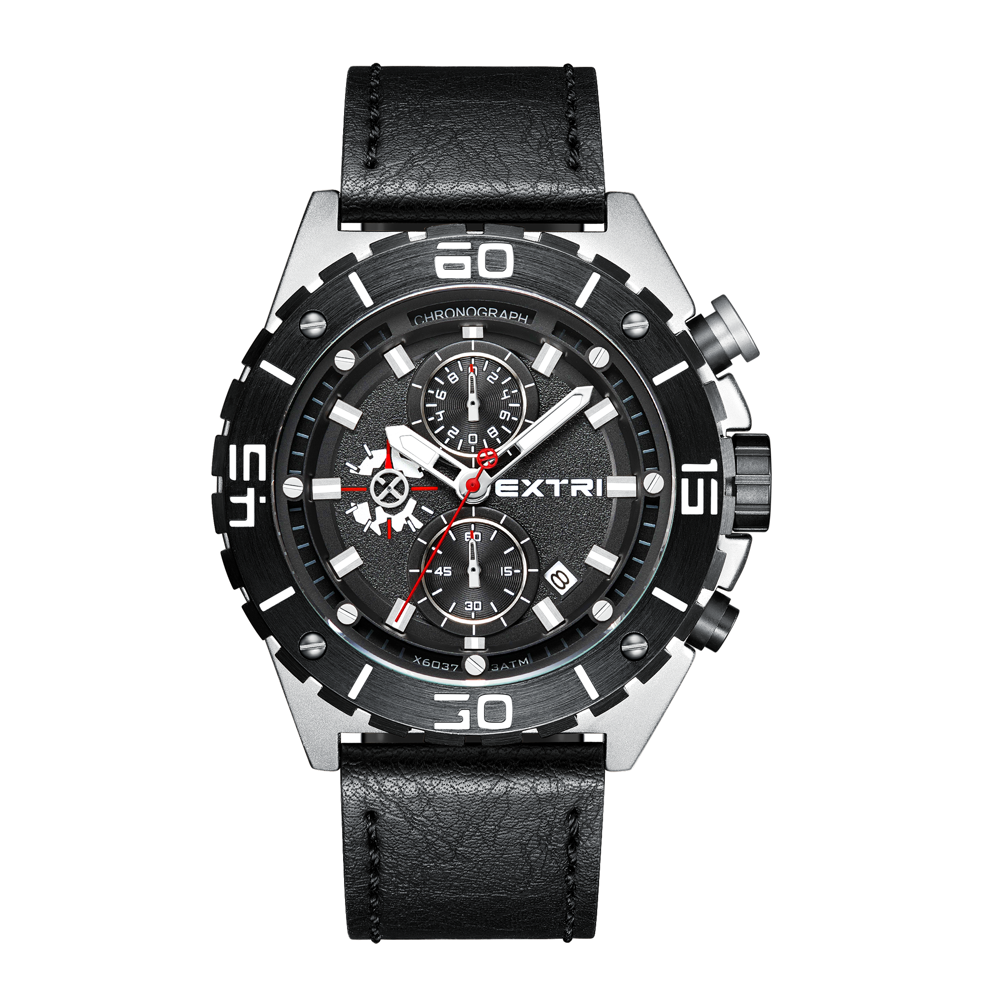 【EXTRI】 X6037 經典 圓形 日期顯示 三眼 皮革 手錶