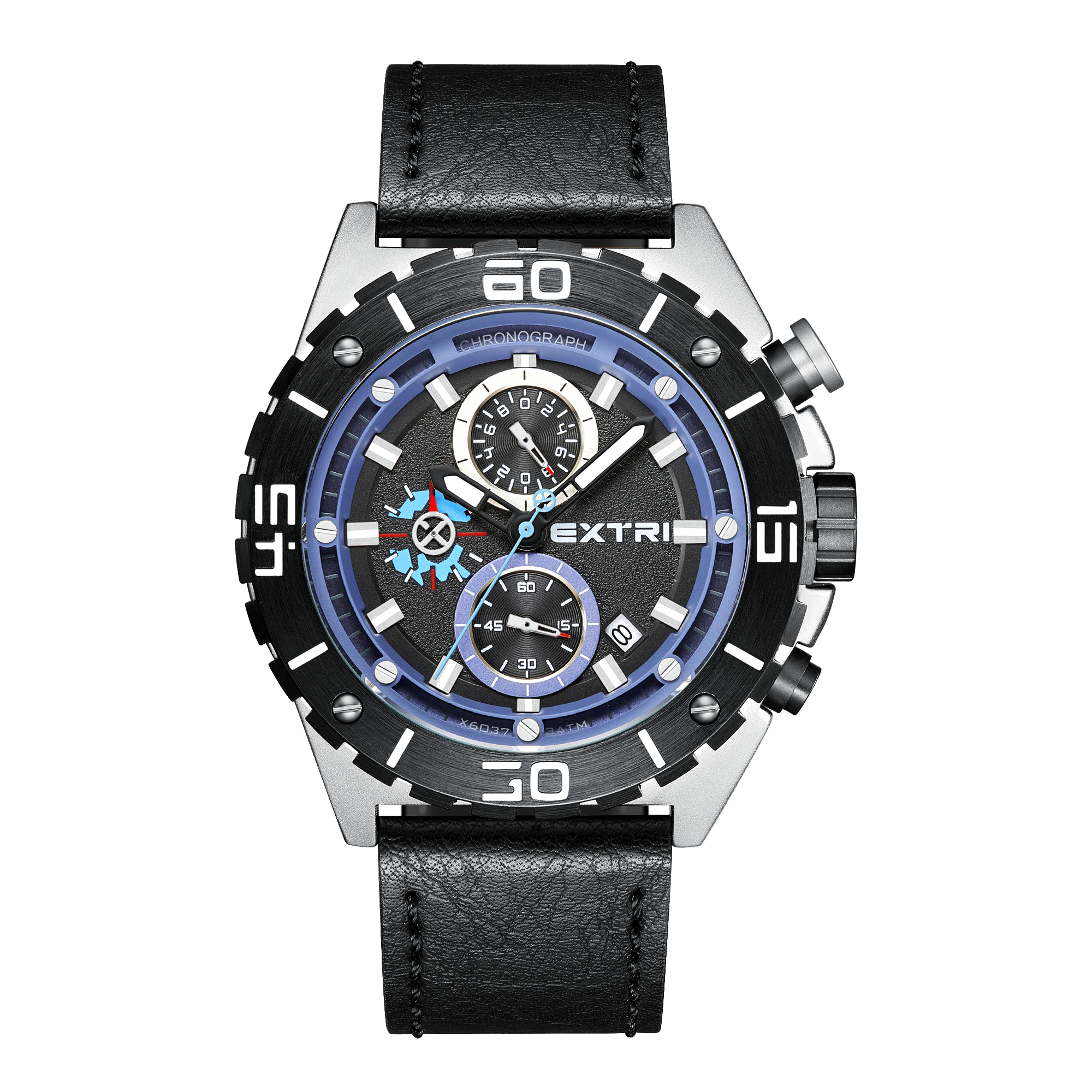 【EXTRI】 X6037 經典 圓形 日期顯示 三眼 皮革 手錶