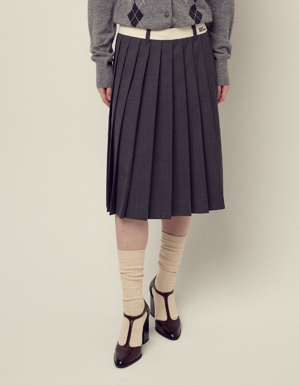 【韓國預購】MARDI KR090210 WOOL PLEATED CONTRAST WAISTBAND 中長裙