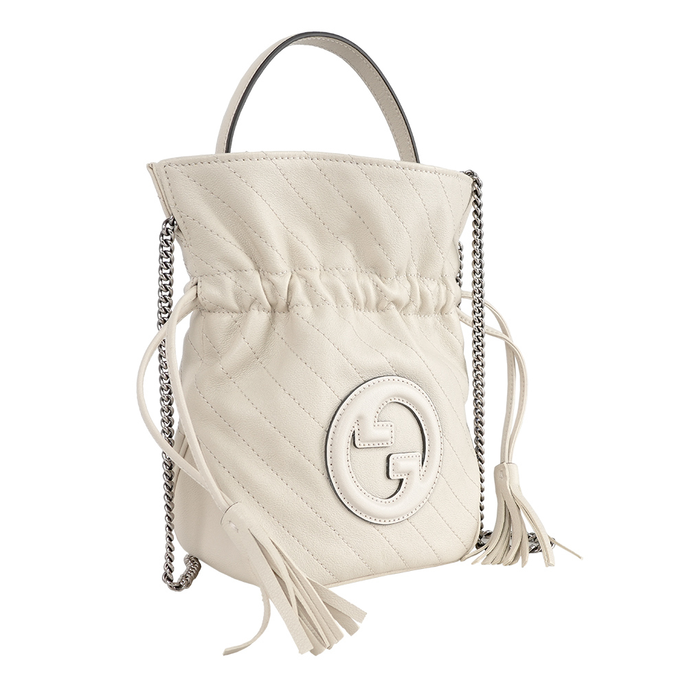 【GUCCI】Blondie 縫線皮革束口迷你水桶包(白色)
