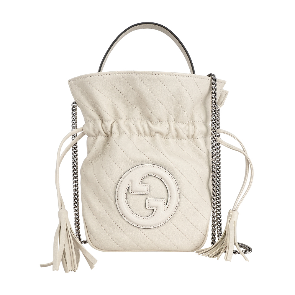 【GUCCI】Blondie 縫線皮革束口迷你水桶包(白色)