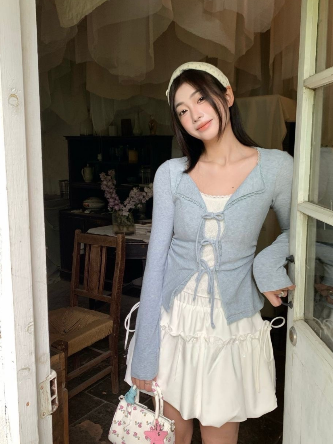 翻領綁帶假兩件長袖上衣