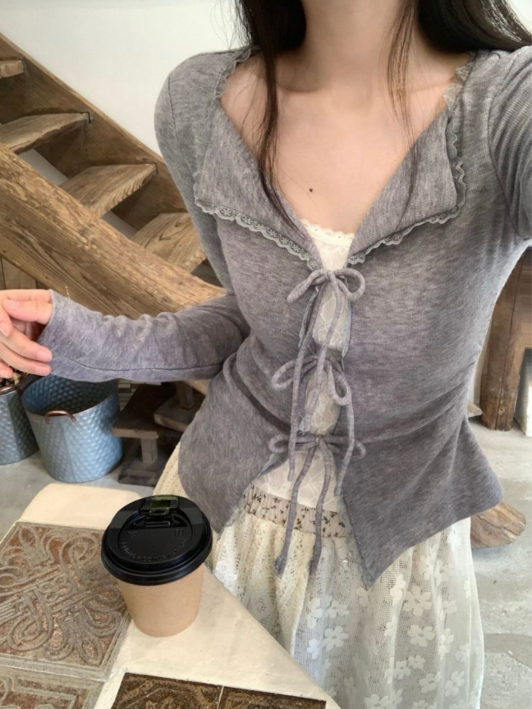 翻領綁帶假兩件長袖上衣