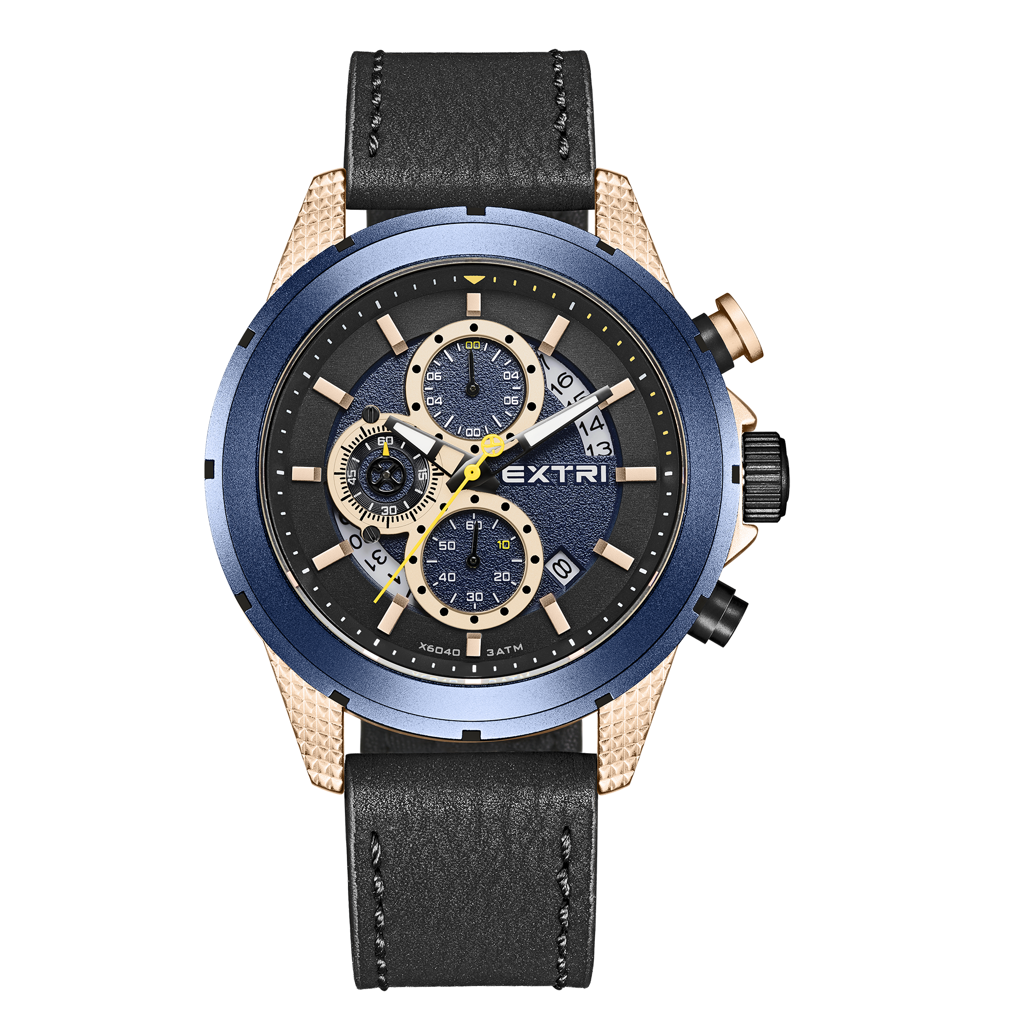 【EXTRI】 X6040 經典 圓形 日期顯示 三眼 皮革 手錶