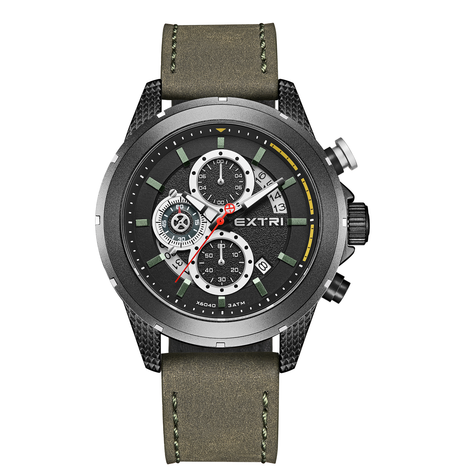 【EXTRI】 X6040 經典 圓形 日期顯示 三眼 皮革 手錶