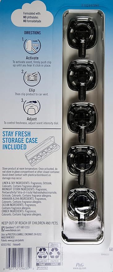 [S] FEBREZE CAR VENT CLIPS AIR FRESHENER ASSORTED, 5-PACK, 030772133156 (SZZ679)