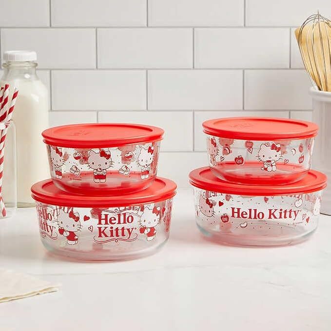 [S] PYREX HELLO KITTY 1459394 DECORATED GLASS FOOD STORAGE, 8 PIECE SET, 071160159624 (SZZ691)