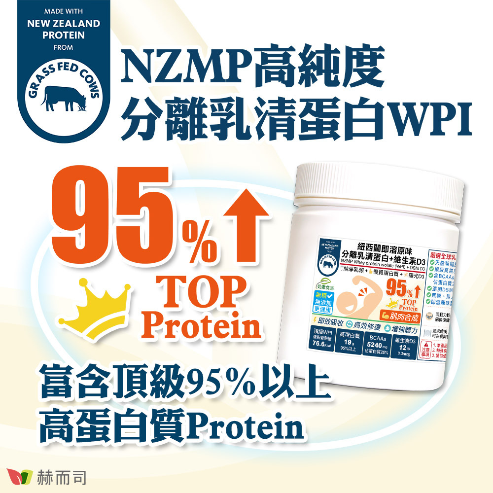 分離乳清蛋白推薦 赫而司紐西蘭即溶原味分離乳清蛋白(WPI)+維生素D3為NZMP高純度分離乳清蛋白WPI，富含頂級95%以上高蛋白質Protein！