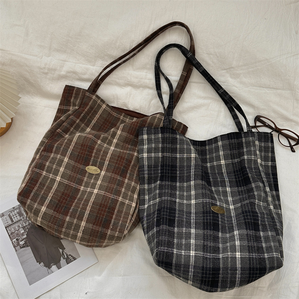 《6222》復古格紋雙面休閑單肩帆布包