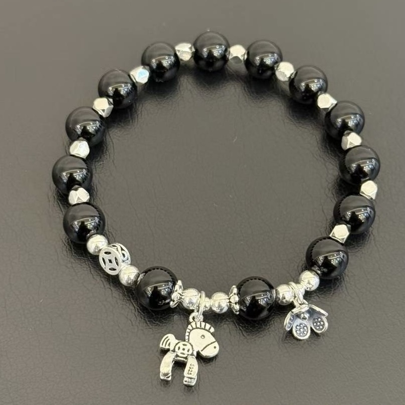 UA25黑瑪瑙銀球有錢花手鏈925