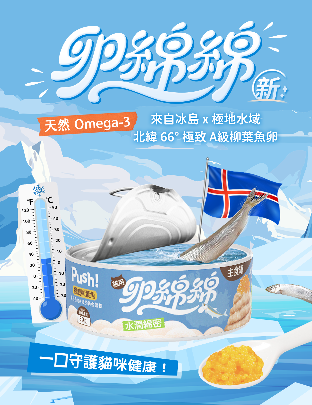 Push!卵綿綿貓主食罐主視覺，搭配冰島柳葉魚、旗幟、溫度計及柳葉魚卵特寫，突顯極地水域產地、A級柳葉魚卵與產品天然Omega-3訴求。