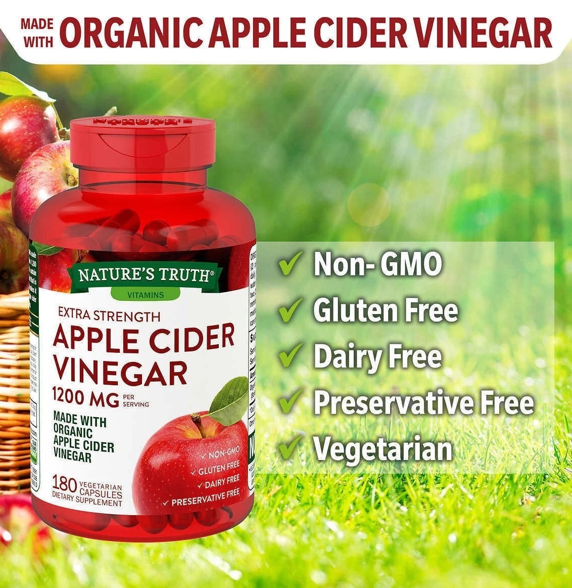 [S] NATURE'S TRUTH APPLE CIDER VINEGAR 1200MG, 180 VEGETARIAN CAPSULES, 840093112200 (SZZ670)