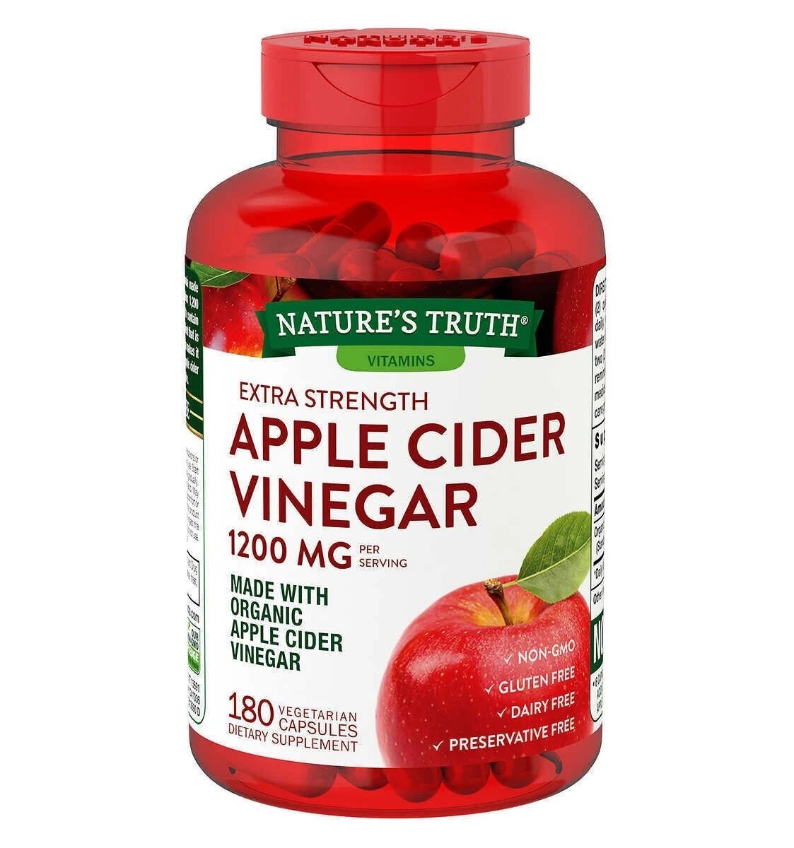 [S] NATURE'S TRUTH APPLE CIDER VINEGAR 1200MG, 180 VEGETARIAN CAPSULES, 840093112200 (SZZ670)