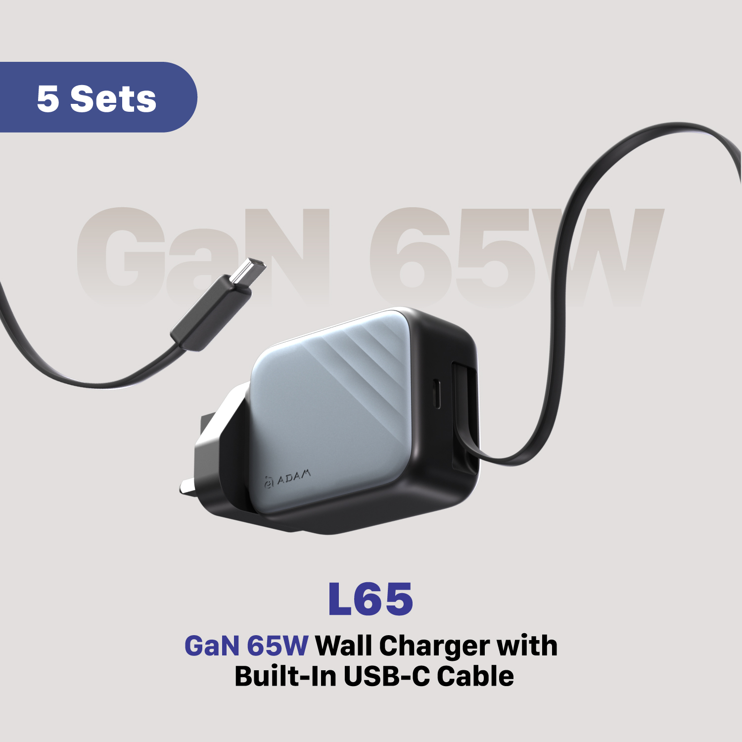 L65 UK GaN 65W Wall Charger with Built-In USB-C Cable (5 Sets)
